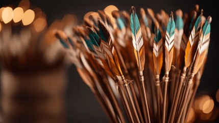 Close-up of a bundle of arrows with teal and orange feathers.
