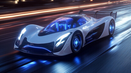 Hochmodernes Sportauto in digitaler Simulation mit Hologramm-Daten und neon Linien wie im Windkanal. Generative AI KI