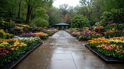 Obraz premium Rainy day at spring flower garden, path, pavilion. Landscaping image