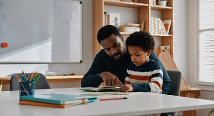 Caring father assisting his young son with schoolwork, fostering a positive learning environment in their contemporary home classroom