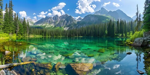 A serene lake in a national park surrounded by dense forest and majestic mountains with crystal-clear water reflecting the stunning landscape National Park Adventure