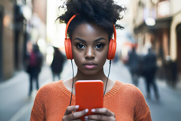 Active sportswoman before training. Smiling african american girl in sportswear with wireless headphones and fitness tracker typing on smartphone on gray wall background, copy space
