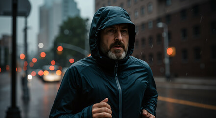 Determined mature man wearing a raincoat runs through a bustling city street, embracing the rain and showcasing his commitment to fitness