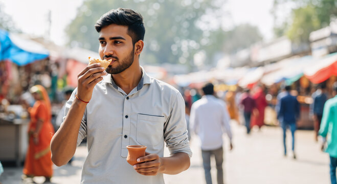Young man enjoying traditional indian street food and drink at a bustling outdoor marketplace
