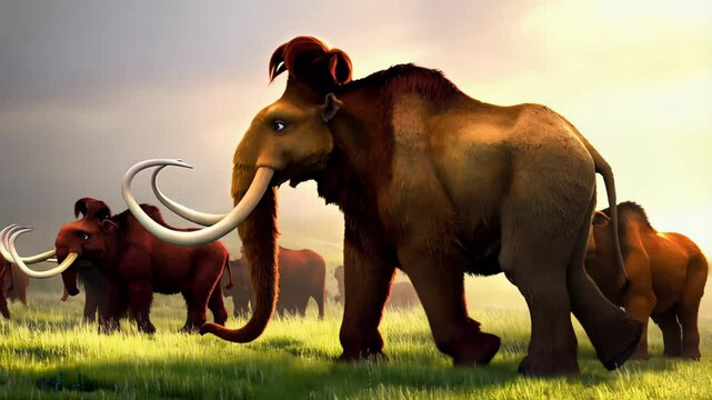 Realistic animation of a woolly mammoth walking through a grassy field with a herd of other mammoths under a cloudy sky, creating a prehistoric scene