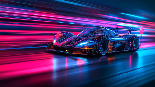 Hochmodernes Sportauto in digitaler Simulation mit Hologramm-Daten und neon Linien wie im Windkanal. Generative AI KI