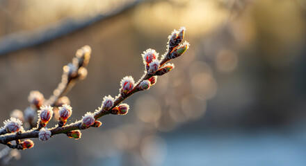 Sparkling frost adorns delicate flower buds on a tree branch, bathed in the warm glow of a winter sunrise