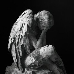 Mourning angel statue, studio, stone base, dark background