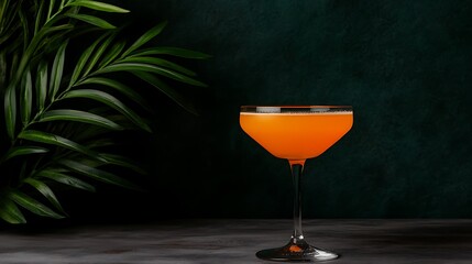 Orange cocktail on bar with palm frond, dark moody background, used for beverage menus
