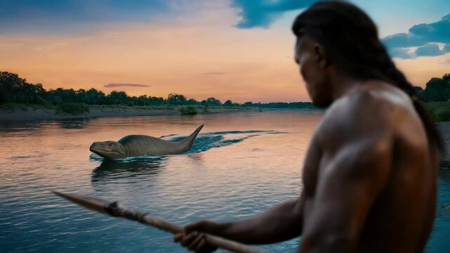 Muscular prehistoric hunter standing near river, targeting ancient fish with sharp spear during golden sunset, showcasing survival skills through realistic 3d rendering of early human life