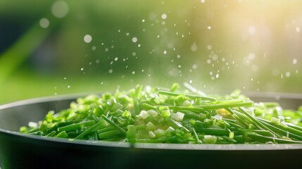 Obraz premium Fresh chives in a pan with steam.