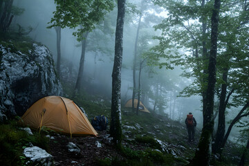 High-quality photo of a camping tent set up in the middle of a lush forest. Surrounded by trees, creating a peaceful and natural camping environment.