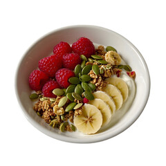 Yogurt with Raspberries, Bananas, Granola and Pumpkin Seeds on transparent background