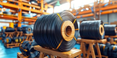 Obraz premium Close-up image of a single-mode black fiber optic cable on a large reel, illustrating fiber optic cable storage.