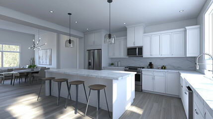 Fototapeta premium Bright and airy kitchen with white cabinets, marble countertops, and modern stainless steel appliances