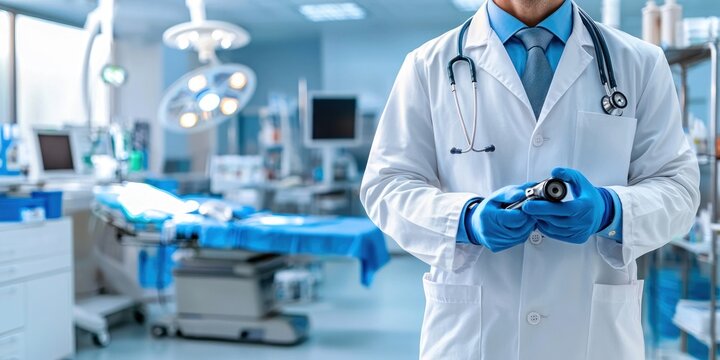 A male doctor prepares for a gastroscopy using an endoscope, symbolizing modern diagnostic procedures in healthcare.