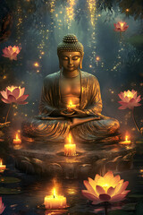 A serene golden Buddha statue in a meditative pose, surrounded by soft candlelight and delicate lotus flowers, evoking a sense of peace and spirituality