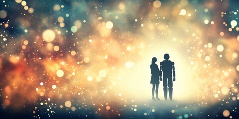 An abstract background featuring soft glowing particles with a silhouette of a woman and a robot standing together