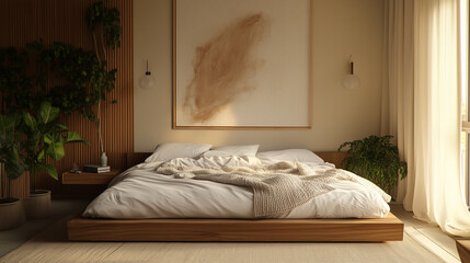 Photograph of a cozy Scandinavian-style bedroom featuring a low wooden bed with white linen sheets and layered knit blankets.