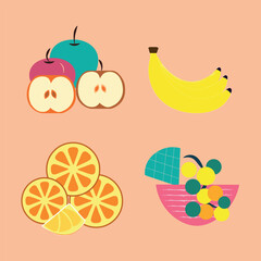 A drawing of a bowl of fruit with a banana, apple, orange, and lemon. The banana is cut in half and the apple is cut in half