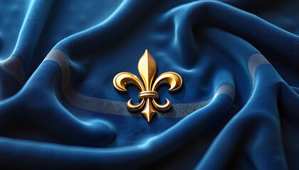  Golden fleur-de-lis emblem on luxurious blue silk fabric.

