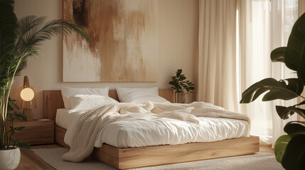 Photograph of a cozy Scandinavian-style bedroom featuring a low wooden bed with white linen sheets and layered knit blankets. The room is decorated with warm ambient lighting, soft beige curtains.
