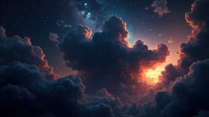 Fototapeta premium A dark nebula silhouetted against a backdrop of glowing galaxies, its shadowy Magical Realism tendrils absorbing light, creating an eerie and mysterious void in the stellar tapestry.