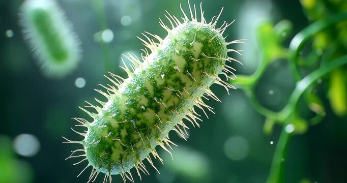 Close-up 3D animation of a bacterium, showcasing its structure and movement in a microscopic environment.