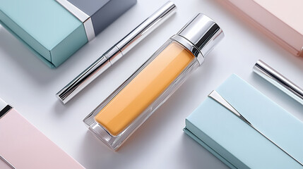 Luxurious cosmetic liquid in clear bottle with silver applicator, surrounded by pastel boxes