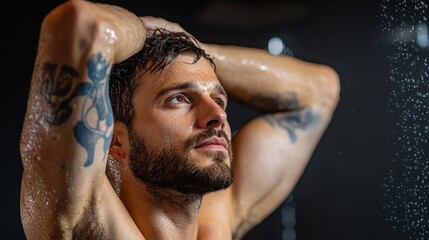 A confident, muscular man with his arms behind his head, showcasing wellbeing.