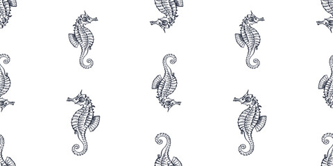 Fototapeta premium Seamless pattern of sketches cartoon seahorses, vector background, paper, fabric, textile