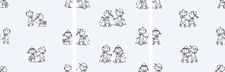 Seamless patterns of outlines cartoon cheerful kids strolling with sledges, skiing, skating, vector backgrounds, paper, wallpaper