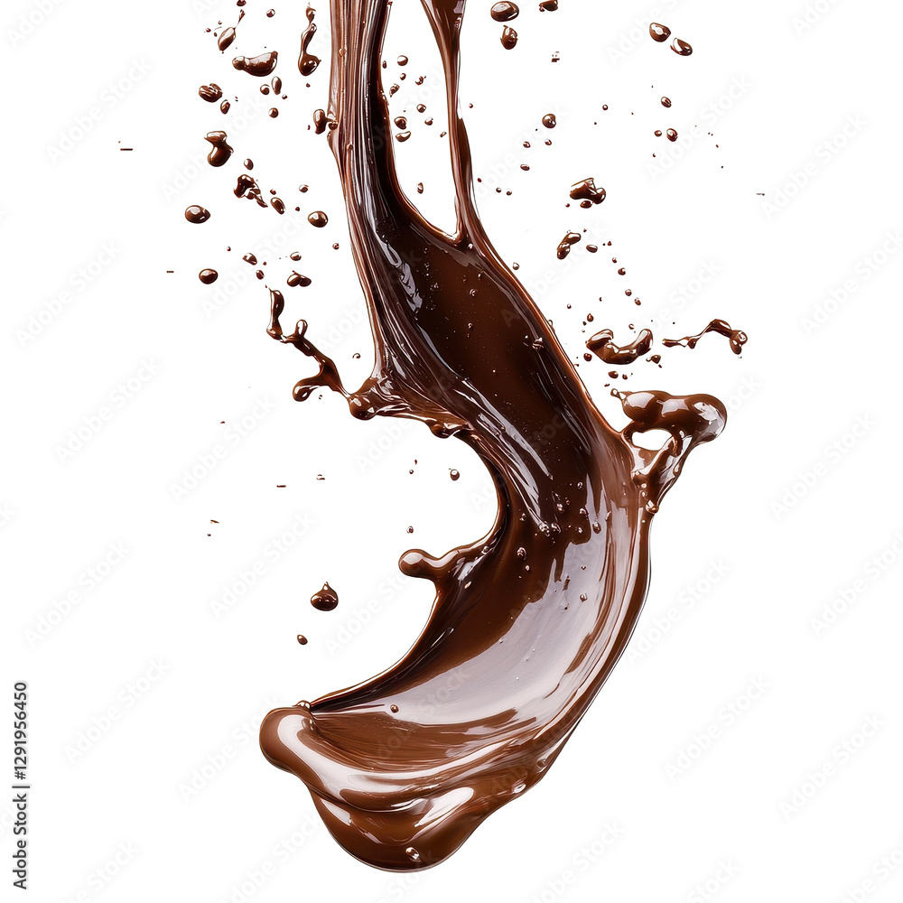Poster chocolate splash flowing dynamically in motion against a white background, chocolate splash flowing 