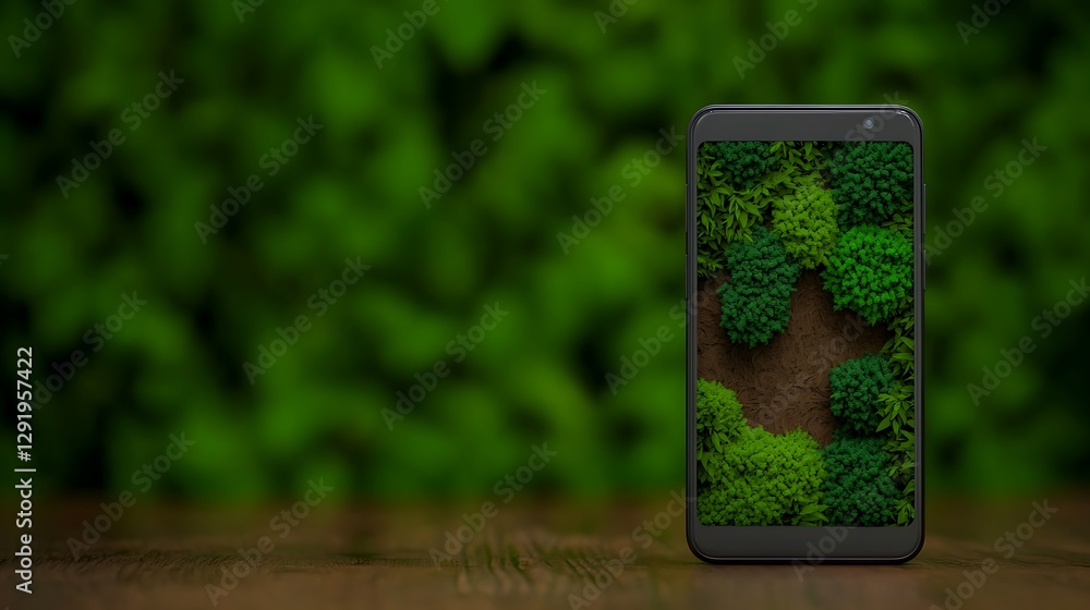 Canvas Prints Smartphone displaying lush greenery on screen, surrounded by natural foliage background