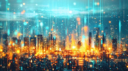 Obraz premium Vibrant City Panorama with 3D Drone Monitoring Effects