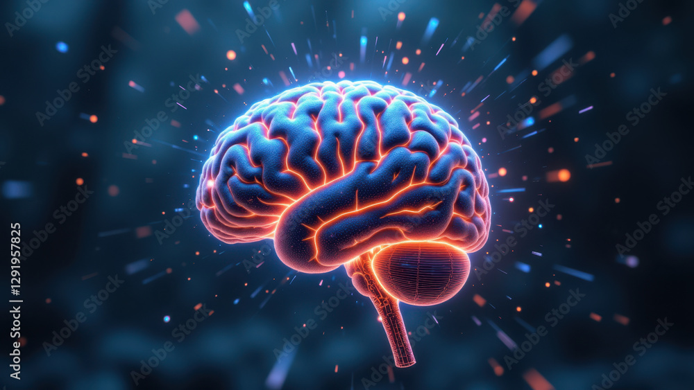 Poster a visual representation of artificial general intelligence with a brain and light effects.