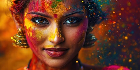 Naklejka premium Holi Festival Of Colours. Portrait of happy indian woman in holi color.
