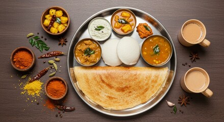 Authentic south indian breakfast thali featuring idli, dosa, sambar and masala chai