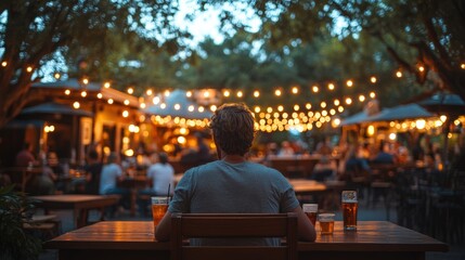 Obraz premium The festival is decorated with fairy lights, and people sit at tables under the trees,
