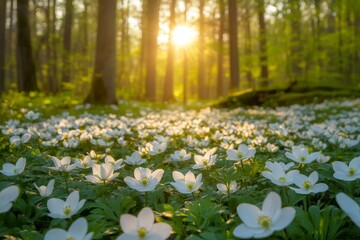 Sunlit forest meadow with white wildflowers at sunrise