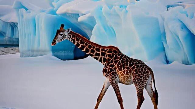 Surreal arctic landscape featuring wandering giraffe amid towering icebergs, creating mesmerizing visual paradox of wildlife against frozen environment