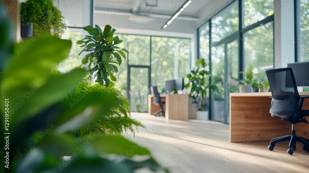 Poster many plants decorating a modern office space with big windows and natural light, creating a sustaina