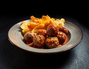Fotograf&iacute;a de estudio profesional albondigas en salsa,con patatas fritas doradas y crujientes, estilo ultrarrealista, realista, 4k
