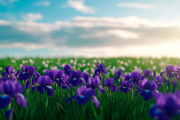 Naklejka premium Stunning purple irises bloom among fresh greenery under clear sky. Vivid colors and warm light highlight floral elegance, evoking joy and peaceful connection with nature.