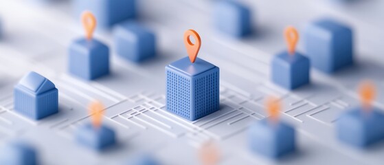 location pins on blue building models over map concept