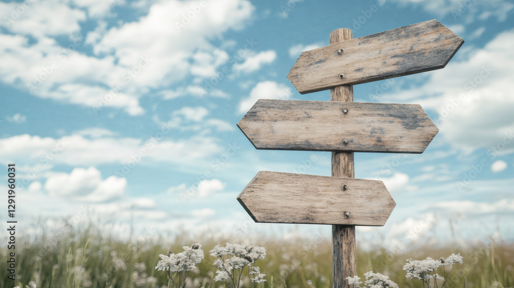 Poster weathered wooden signpost pointing blank directional arrows across verdant meadow under azure sky, s