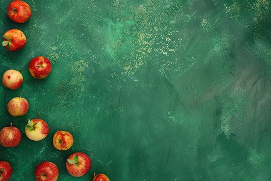 Red apples on green background, Top view with copy space, Ai Generated - Powered by Adobe