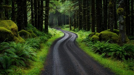 Winding gravel road through lush, mossy forest.