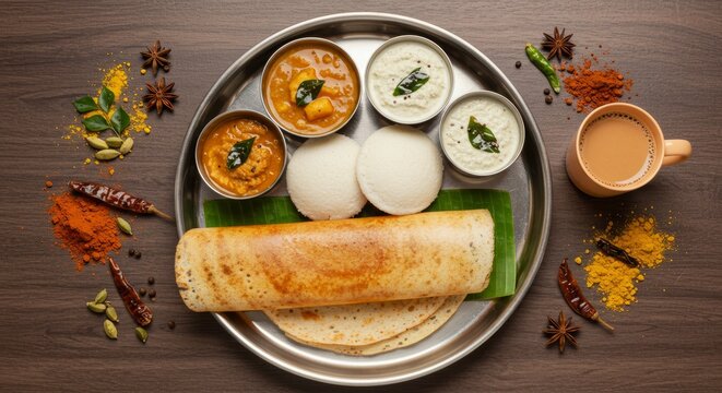 Authentic south indian breakfast thali with masala chai and aromatic spices