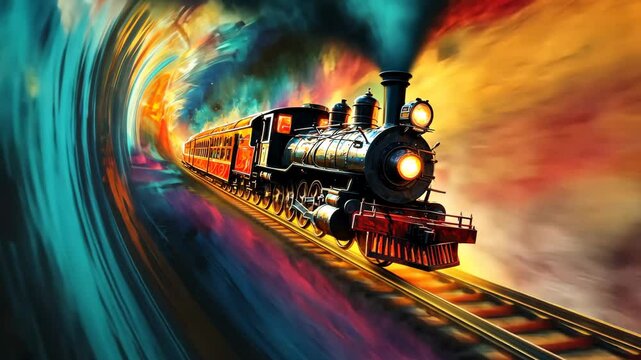 Vintage Steam Train in a Colorful Tunnel